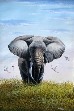 Wanjeri Bull Elephant birds Oil Paintings